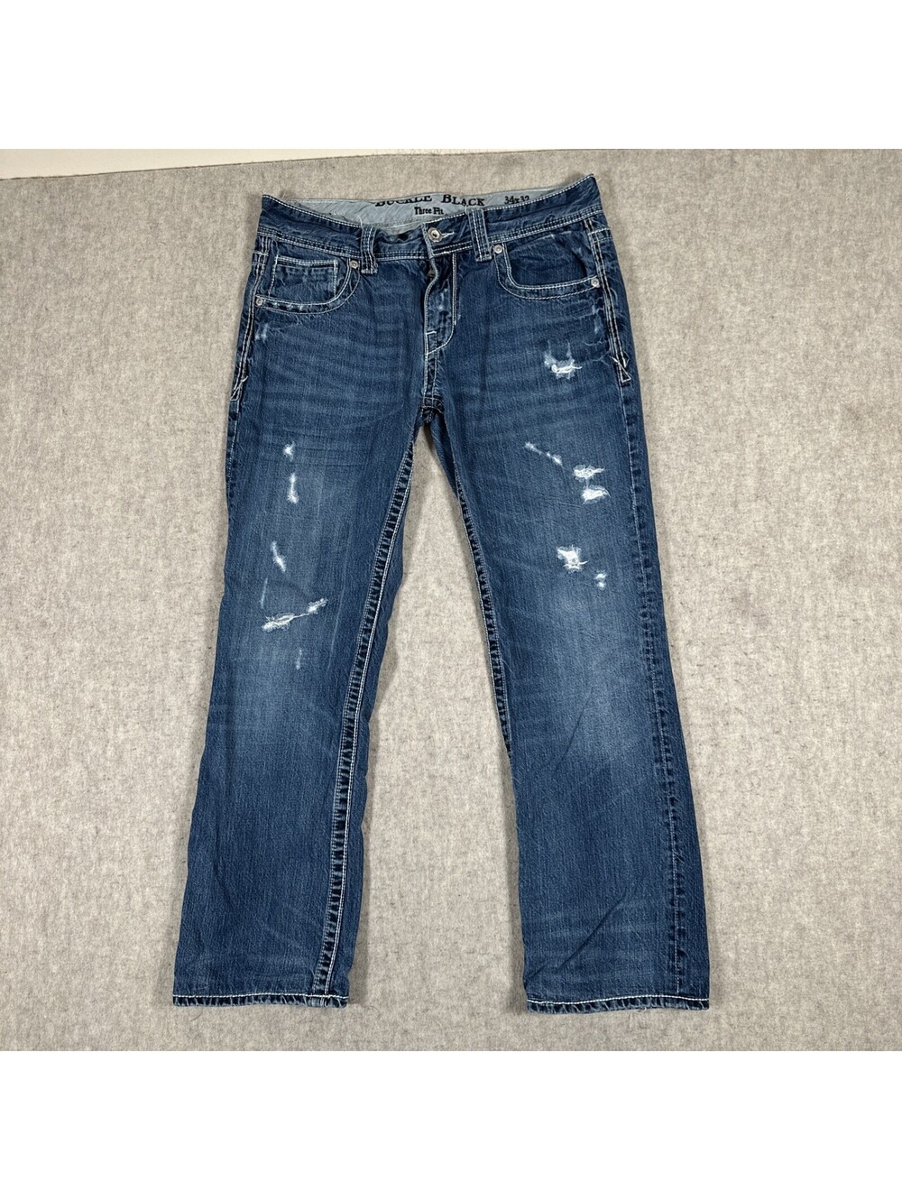 Buckle Black Jeans Mens 34x29 Three Fit Distressed Denim Straight Leg Blue